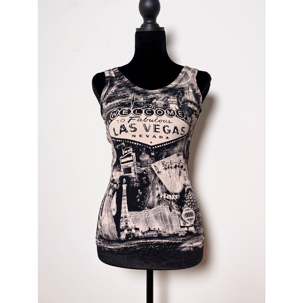 Vtg Y2K Chelona Allover Las Vegas Print Rhinestone Studded Ribbed Tank Top